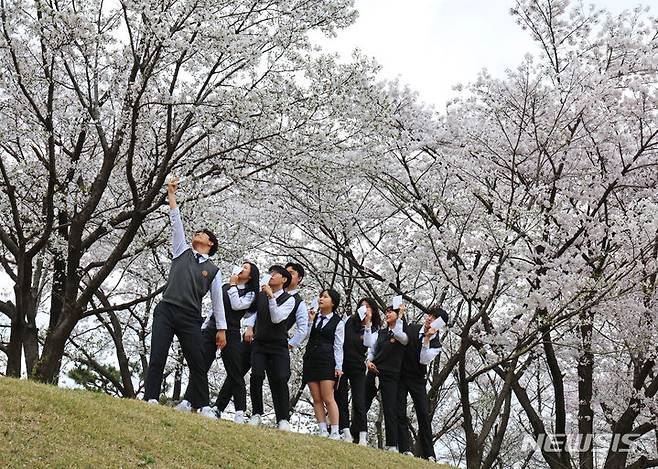 [수원=뉴시스] 김금보 기자 = 제22대 국회의원선거 사전투표 시작일인 5일 오후 삼일공업고등학교 학생들이 경기도 수원시 장안구 연무동행정복지센터에 마련된 사전투표소에서 생애 첫 투표를 마치고 학교 앞 벚꽃나무 아래에서 기념촬영을 하고 있다. 2024.04.05. kgb@newsis.com