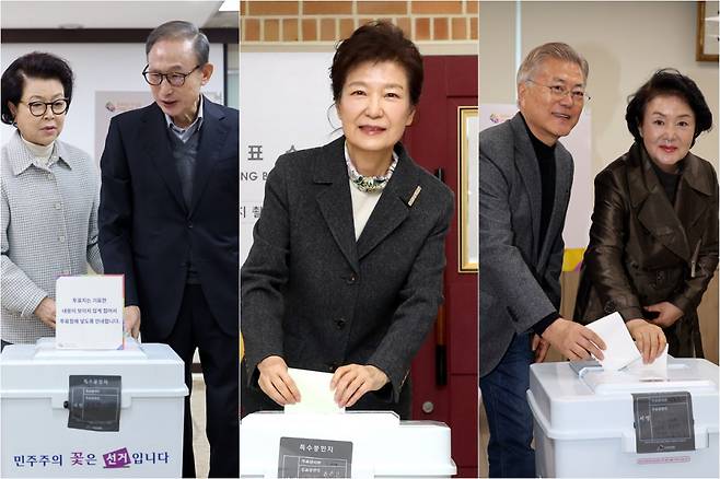 4·10 총선 투표에 참여한 이명박·박근혜·문재인 전 대통령 ⓒ연합뉴스