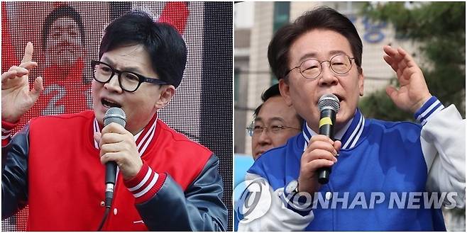 유세하는 한동훈과 이재명 국민의힘 한동훈 비상대책위원장 겸 총괄 선거대책위원장(왼쪽)과 더불어민주당 이재명 대표가 유세하고 있다. [연합뉴스 자료사진]