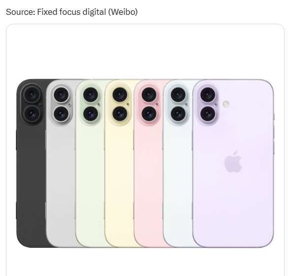 애플이 올가을 출시할 예정인 아이폰16 시리즈의 색상 정보가 공개됐다. 사진=엑스 캡쳐