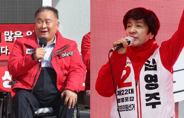 이상민(왼쪽)·김영주 국민의힘 후보가 각각 자신의 지역구인 대전 유성구와 서울 영등포구에서 지지를 호소하고 있다. 두 후보는 더불어민주당에서 국민의힘으로 당적을 옮겼다가 민주당 후보에게 패배했다. 뉴스1