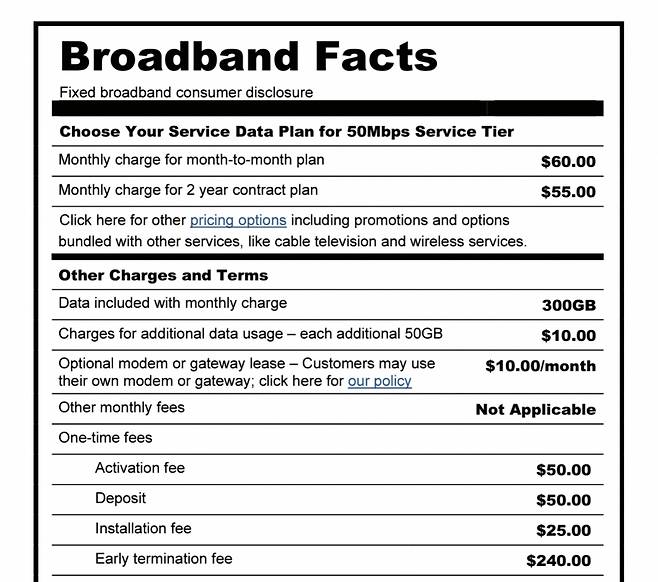 미국 통신업체가 소비자에게 제공하도록 의무화된 '광대역 라벨(Broadband Label)'./사진=미국 연방통신위원회(FCC)