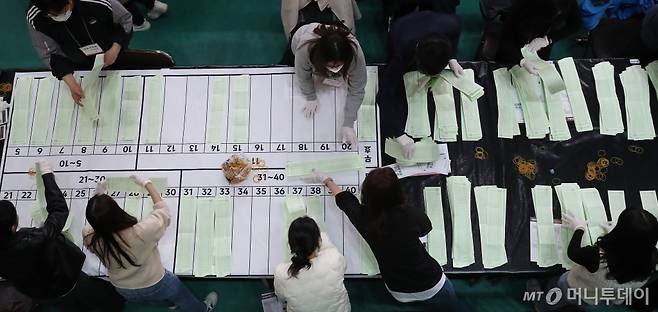 (대구=뉴스1) 공정식 기자 = 제22대 국회의원 선거가 종료된 10일 오후 대구 남구 영남이공대 천마체육관에 마련된 개표장에서 개표사무원들이 비례대표 투표용지를 수개표하고 있다. 2024.4.10/뉴스1  Copyright (C) 뉴스1. All rights reserved. 무단 전재 및 재배포,  AI학습 이용 금지. /사진=(대구=뉴스1) 공정식 기자