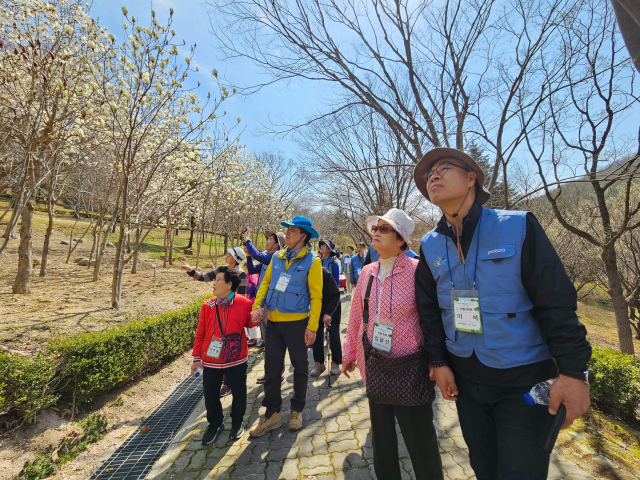 포항제철소 임직원들이 경북수목원에서 포항재가노인통합지원센터 어르신과 함께 봄꽃을 만끽하고 있다. 제공=포스코