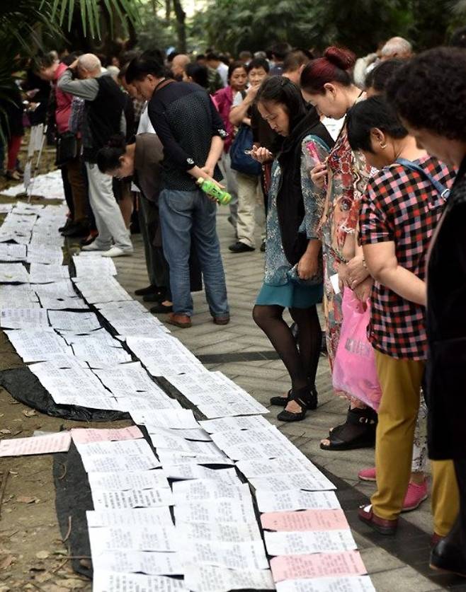 중국 쓰촨성 청두공원에 열린  ‘맞선코너’(相亲角)에서 사람들이 전단지를 보고 있다. 나이대는 30대가 평균으로 40대, 일부 50대도 있다.[중국망]