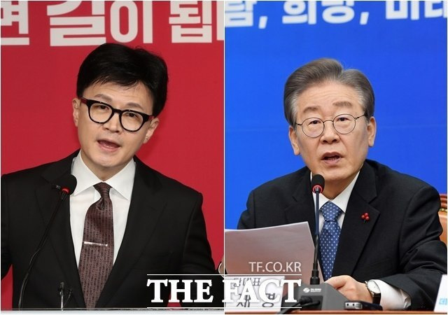 4‧10 총선이 마무리된 가운데 정치 테마주들이 급락세를 연출하고 있다. 사진은 한동훈 전 국민의힘 비상대책위원장(왼쪽)과 이재명 더불어민주당 대표. /더팩트 DB