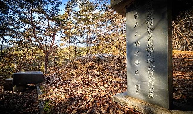 충남 공주 조병갑 무덤 옆 능선에 있는 아버지 조규순 부부묘. 비석은 1970년 후손이 세웠다./박종인 기자