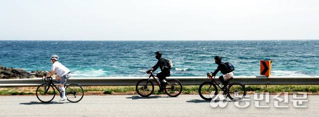 같은 동해도 땅과 높낮이, 해안 모양에 따라 다른 감상을 준다. 함께 달리면 서로 감탄하는 소리뿐이다. 정성환 기자(왼쪽), 엄태경씨(가운데), 석법준씨가 자전거를 타고 동해안을 질주하고 있다. 영덕·울진=이종수 기자