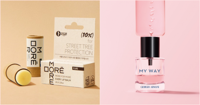 모어포모레의 종이 포장재 립밤(왼쪽)과 아르마니 향수의 리필 제품. /사진=각 사