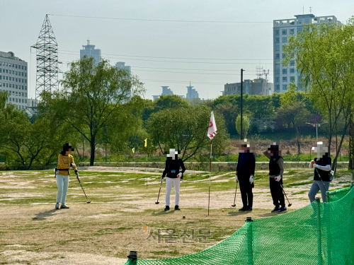 일요일인 지난 14일 불법 파크골프장이 조성된 서울 안양천 인근에서 시민들이 파크 골프를 치고 있다.