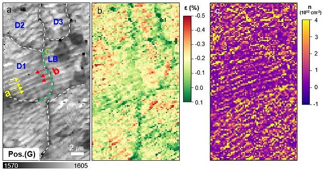 구리 박막 위에 합성된 그래핀의 라만 피크(G밴드) 이동 분포도에 대한 이미지(a), 동일 영역의 그래핀 응력 분포(b), 도핑 분포도에 대한 이미지(c).(KBSI 제공)/뉴스1