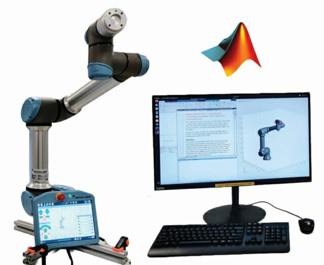 매스웍스와 유니버설로봇이 공동 개발한 로보틱스 시스템 툴박스(우)는 유니버설로봇의 협동로봇(좌)을 위한 애플리케이션 설계, 시뮬레이션, 테스트 및 배포에 사용된다. (사진=유니버설로봇)