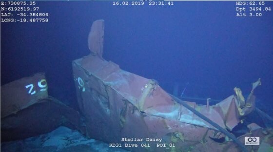 2017년 3월31일 우루과이 인근 남대서양 해역에서 침몰한 스텔라데이지호의 선체 일부 모습. 심해수색 전문업체인 미국 오션 인피니티사가 촬영했다. 스텔라데이지호 대책위원회 제공