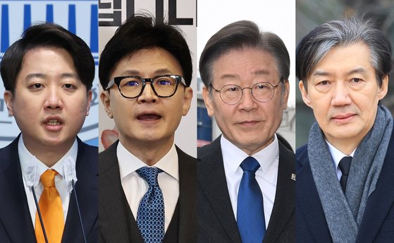 이준석 개혁신당 대표, 한동훈 전 국민의힘 비대위원장, 이재명 민주당 대표, 조국 조국혁신당 대표.