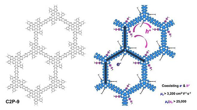 펜던트가 도입된 전도성 이차원 고분자(C2P-9)의 화학구조와 정공(P형) 도핑 시 초고속 전자와 공존함을 나타내는 모식도.[POSTECH 제공]