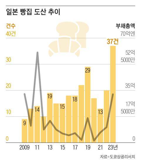 일본 도쿄상공리서치가 지난 5일 발표한 전국 빵집 도산 동향 데이터. 지난해 37건으로 전년보다 2배가량 늘었고 조사 개시 이래 최다를 기록했다. /그래픽=조선디자인랩 이연주