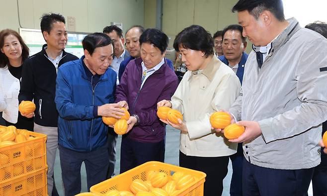 송미령 농림축산식품부 장관(오른쪽 두 번째)이 지난 14일 경북 성주의 농산물산지유통센터(APC)를 방문해 참외 작황과 출하 동향을 점검하고 있다. 농림축산식품부 제공