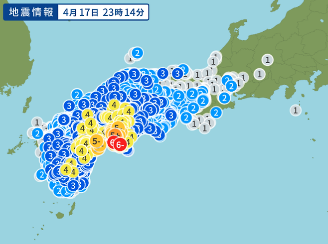 17일 지진 발생으로 일본에서 감지된 흔들림을 표시한 이미지. 사진=야후 재팬 날씨-재난 페이지 캡처