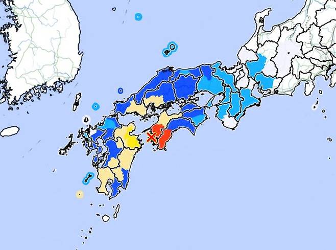 [서울=뉴시스]일본 규슈(九州)와 시코쿠(四国) 사이 해협에서 지난 17일 오후 11시 14분께 규모 6.6 지진이 발생했다. <사진출처: 일본 기상청 사이트> 2024.04.18