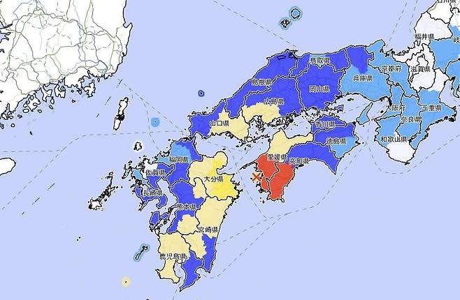 18일 시코쿠 지진 발생 지점 ⓒ연합뉴스