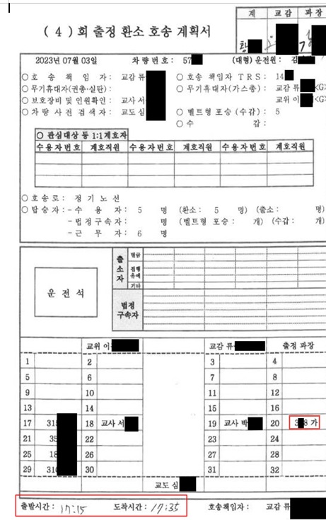 2023년 7월 3일자 호송 계획서  [수원지검 제공. 재판매 및 DB 금지]