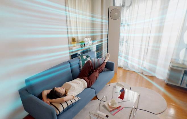 LG 휘센 AI 에어컨의 공감지능 기능인 ‘AI 스마트케어’로 실내 온도를 관리하고 있는 모습. (사진=LG전자)