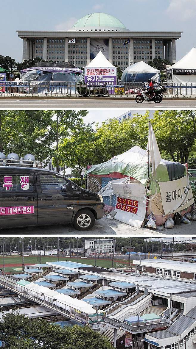 국회·구청 앞, 육교 위까지 점령 - 서울 시내 곳곳에는 집회·시위를 위한 불법 농성 천막이 55동이나 있는 것으로 나타났다. 이 중에는 3년 7개월 넘게 육교 위를 점령하고 있거나 한꺼번에 15동이 집단으로 설치된 곳도 있다. 사진은 위부터 국회의사당 정문 앞 인도를 차지하고 있는 천막 15동, 노원구청 앞을 점거하고 있는 민주노총 차량과 천막, 노량진 육교 위를 점거하고 있는 천막 8동. /이덕훈·김지호·박상훈 기자