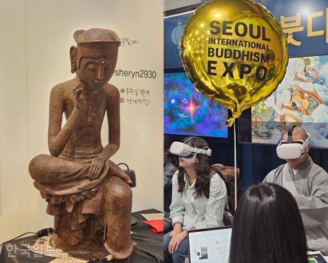 2024 서울국제불교박람회의 한 부스에서 7일 초콜릿으로 만들어진 부처상이 전시되고 있고(왼쪽 사진) 스님 등 관람객들이 가상현실 기기를 착용하고 불교 교리를 학습하고 있다. 이유진 기자
