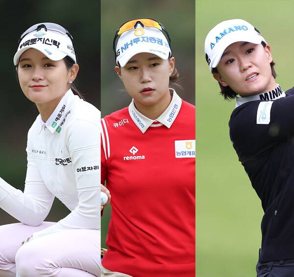 2024년 한국여자프로골프(KLPGA) 투어 넥센·세인트나인 마스터즈 우승 경쟁에 뛰어든 박현경, 정윤지, 최은우 프로가 2라운드에서 경기하는 모습이다. 사진제공=KLPGA