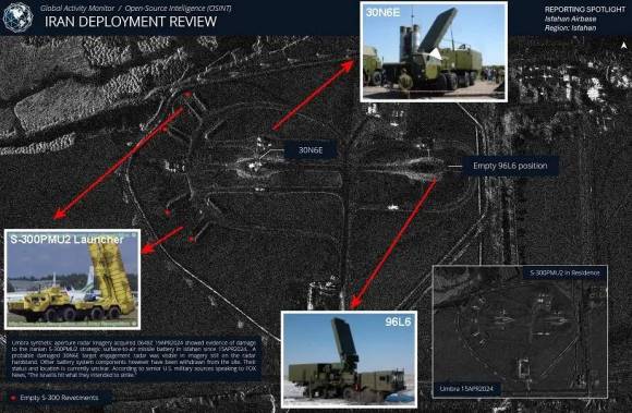 이란 공군기지 내 방공미사일체계의 손상을 보여주는 위성사진 - 2024년 4월 19일(현지시간) 위성 사진은 이란의 S-300PMU-2 방공 미사일 체계와 표적 획득 레이더 30N6E의 손상을 보여준다. / 출처=크리스 비거스 엑스