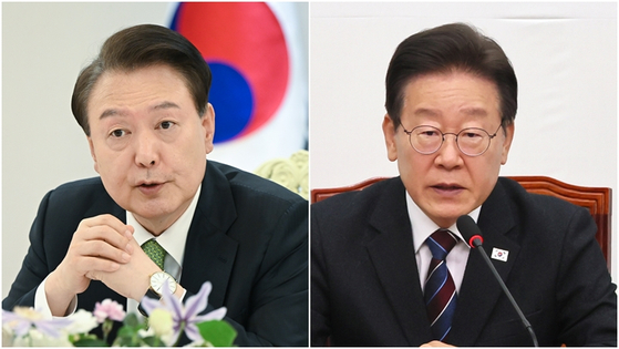 President Yoon Suk Yeol, left, and Democratic Party leader Lee Jae-myung