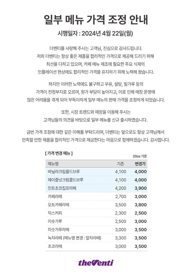 저가 커피 프랜차이즈 더벤티가 공지한 가격 조정 안내문. [더벤티 제공]