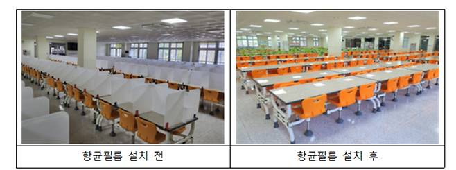 세종시 가락초등학교 급식실 식탁 ‘MIRRON 항균필름’ 설치 전·후