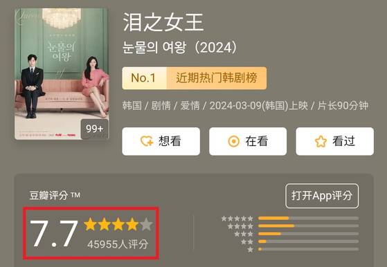 중국 콘텐트 리뷰 사이트 더우반(豆瓣)에 남아있는 '눈물의 여왕' 리뷰.