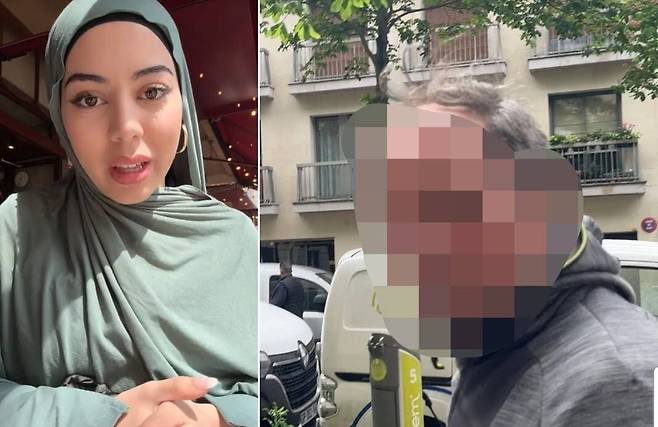 모로코인 인플루언서 파티마 사이디(왼쪽)가 최근 프랑스 파리를 방문했다가 현지 남성(오른쪽)에게 '이슬람 혐오' '여성혐오' 등을 당했다고 주장했다./틱톡