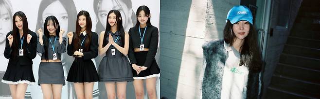 지난 3월22일 오전 인천국제공항 1터미널 밀레니엄홀에서 열린 인천공항세관 홍보대사 위촉식에서 홍보대사증을 목에 걸고 포즈를 취하고 있는 뉴진스(왼쪽), 민희진 어도어 대표(오른쪽)/사진=뉴스1