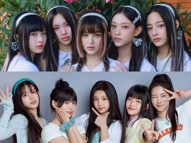 하이브 산하 레이블 어도어 소속 아티스트 뉴진스(위)와 또 다른 레이블 빌리프랩 소속 신인 아이돌 아일릿 ⓒ 어도어, 연합뉴스