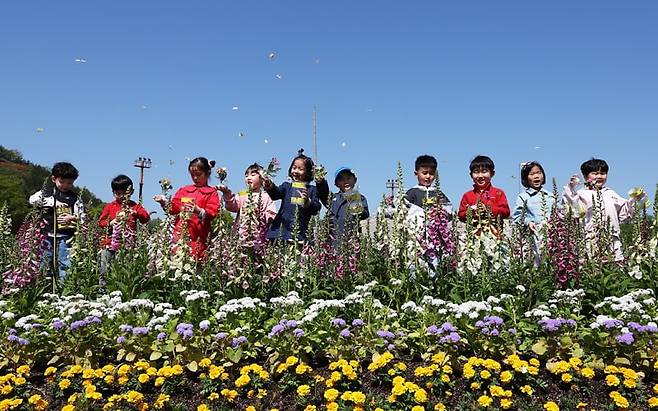 어린이들이 함평 나비대축제가 열리는 함평엑스포공원에서 나비를 날리고 있다. 함평군 제공