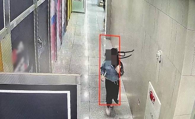 벤치에 둔 명품 브랜드 가방을 가지고 달아난 여성의 모습이 건물 CCTV에 찍혔다./온라인커뮤니티