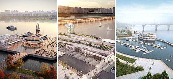 서울시가 24일 발표한 ‘한강 수상 활성화 종합계획’에 따라 2030년까지 한강에는 조감도처럼 다양한 시설이 들어선다. 왼쪽부터 순서대로 수상 푸드존, 서울항, 수상 레포츠 센터 [사진 서울시]