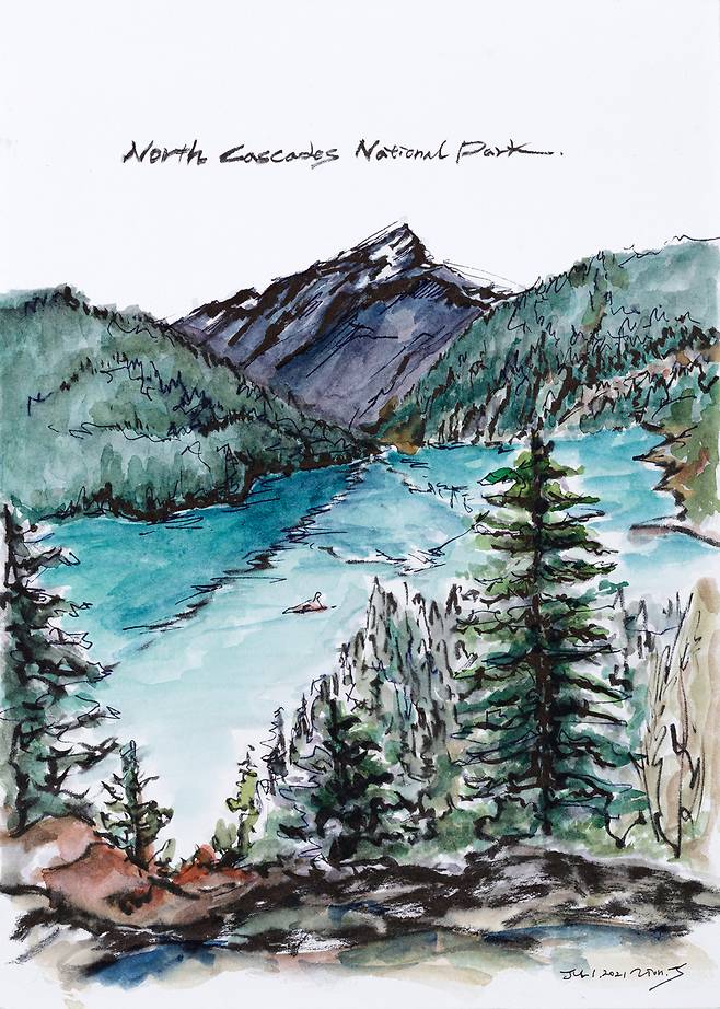 자이언제이, 여행_노스캐스케이드 국립공원 2 Travel_ North Cascade National Park 2, 2021, Ink and Watercolor on Paper, 25x18cm