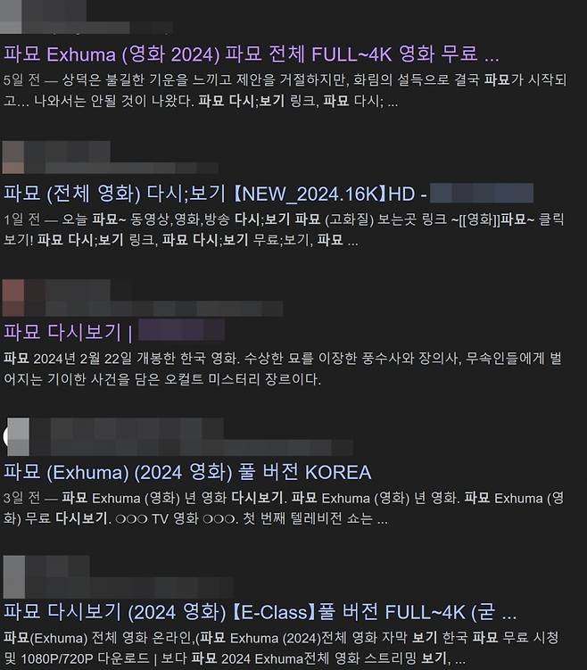 구글에서 '파묘 다시보기'를 검색하면 나오는 영화 불법유통 사이트 목록. /사진=구글 캡처