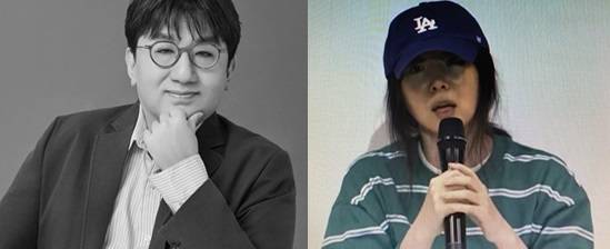 하이브 방시혁 이사회 의장(왼쪽·하이브 홈페이지 자료)과 24일 기자회견 중인 어도어 민희진 대표