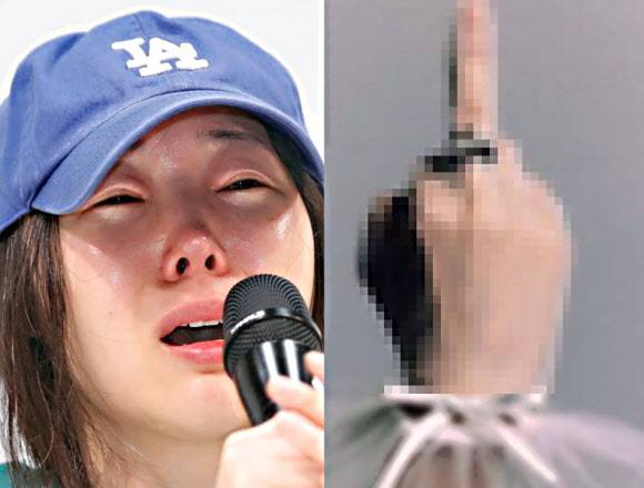 민희진 어도어 대표(왼쪽)가 25일 긴급기자회견을 진행할 당시 하이브 산하 걸그룹 아일릿의 비주얼 디렉터가 손가락 욕설 사진을 인스타그램에 올렸다가 삭제했다. (사진=뉴스1, SNS 캡처)