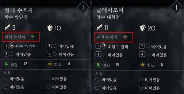 - 장비의 종류에 따라 요구 능력치가 다르다