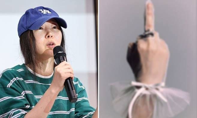 민희진 어도어 대표(왼쪽)가 지난 25일 긴급기자회견을 진행할 당시 하이브 산하 걸그룹 아일릿의 비주얼 디렉터가 손가락욕설 사진을 인스타그램에 올렸다가 삭제했다./연합뉴스, 온라인커뮤니티