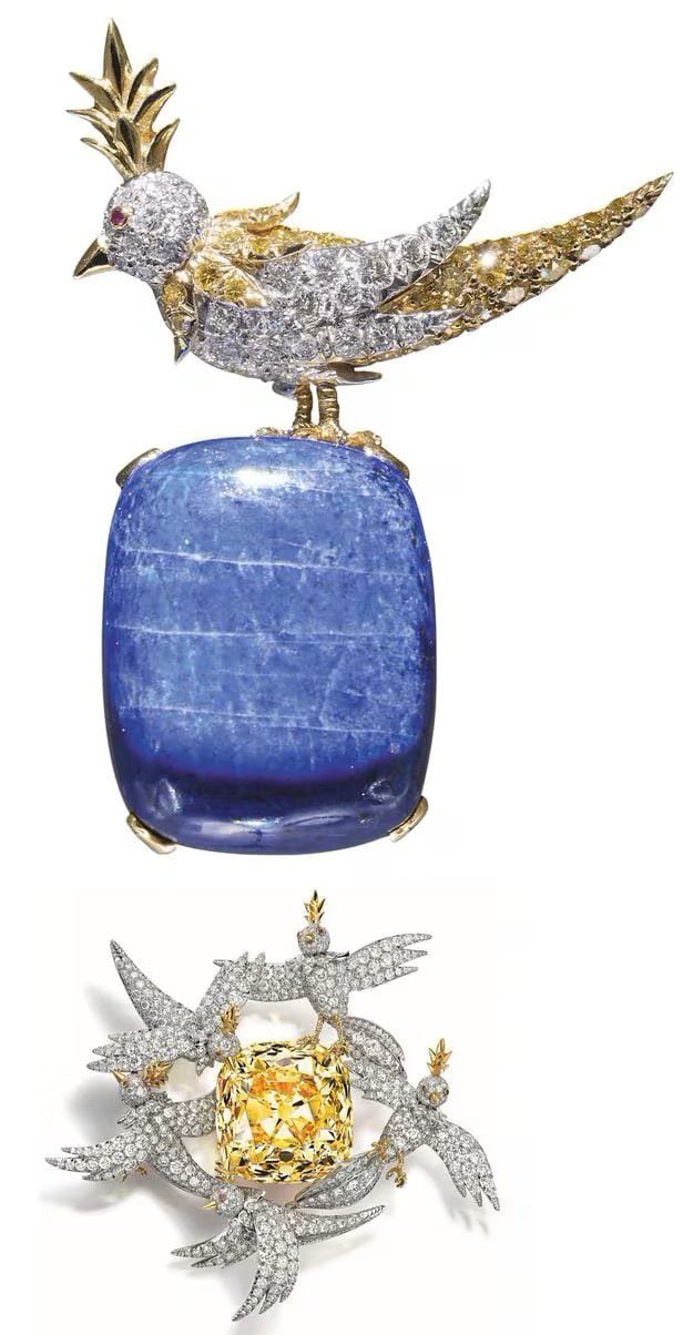 쟌 슐럼버제의 ‘버드 온 어 락’을 다양하게 표현한 것. 1965년엔 브로치로 시작해 128.54캐럿의 티파니 다이아몬드에 새가 올라간 디자인으로 사용되면서 전세계적인 명성을 얻었다.