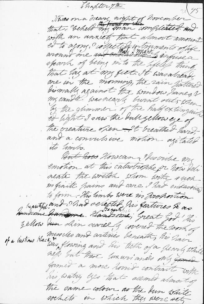 메리 셸리가 직접 쓴 ‘프랑켄슈타인’ 원본 첫 페이지. 첫 문장은 “11월의 어느 음산한 밤에 나는 완성된 내 남자를 바라보았다”였다. 교양인 제공