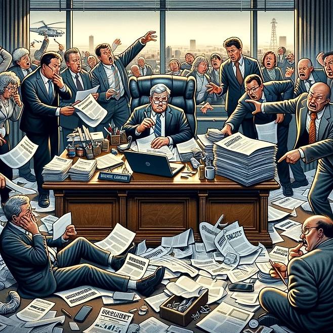 정부 공무원이 현실성 없는 탁상정책을 내놓으며 사회가 혼란에 빠지고 이해당사자들이 반발하는 모습을 챗GPT가 이미지화한 그림.