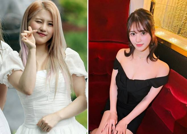 일본의 유흥업소 캬바쿠라에서 일하는 '사쿠라 루루'라는 예명의 여성(오른쪽)과 그와 동일 인물로 추정되는 그룹 '네이처' 하루. /사진=머니투데이DB, 사쿠라 루루 인스타그램